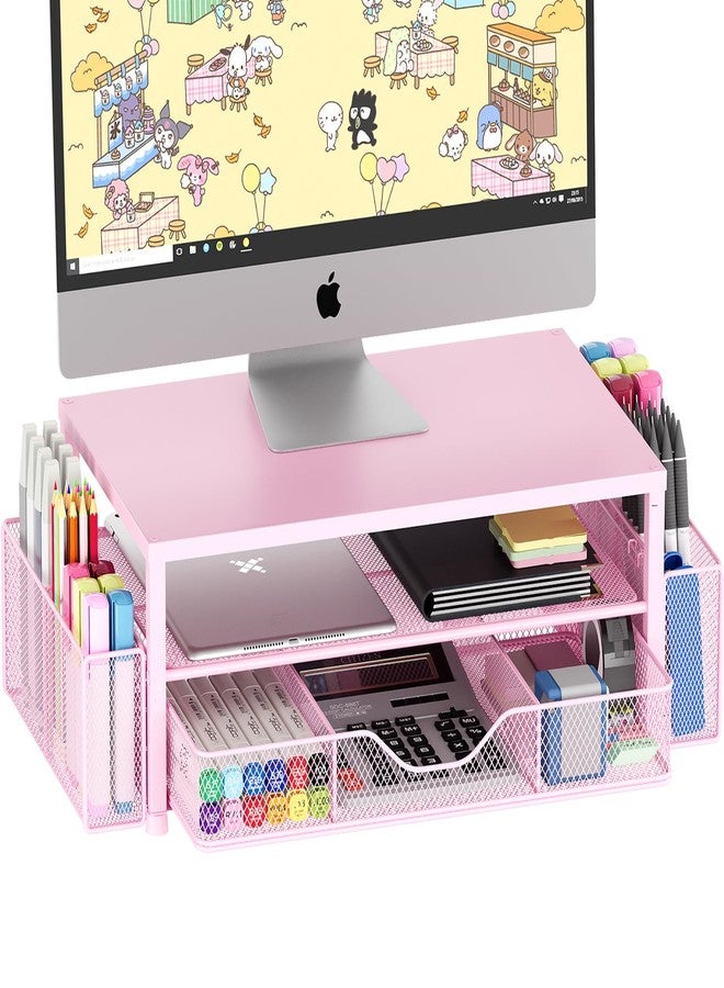 OPNICE Desk Organizers and Accessories, 2-Tier Computer Monitor Stand Riser with Drawer and 2 Pen Holders, Laptop Stand, Office Desk Accessories & Office Decor for Women, Pink - Image 1